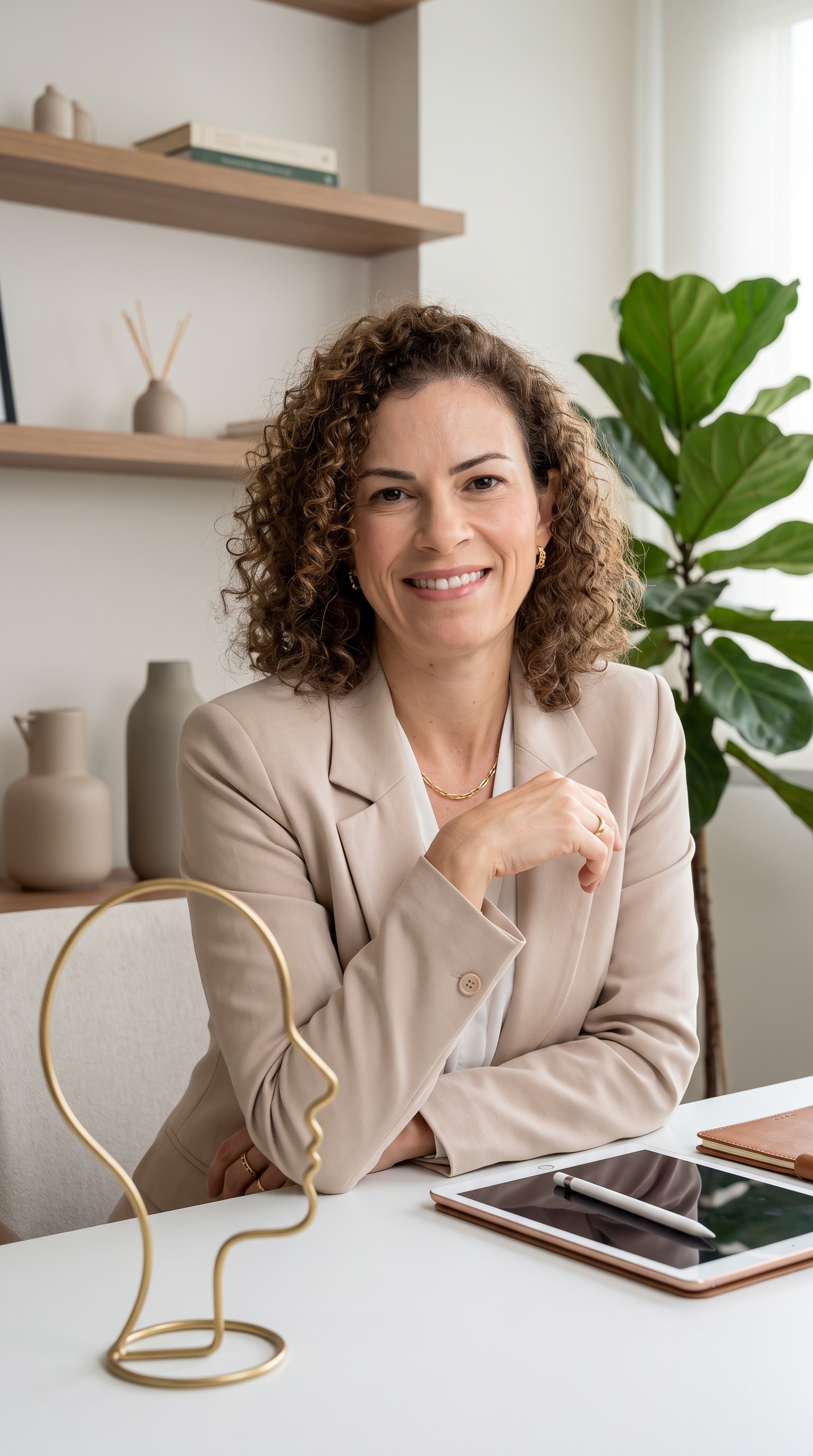 Dra. Juliana Breschigliari sorrindo em seu consultório de psicologia, com planta e escultura decorativa