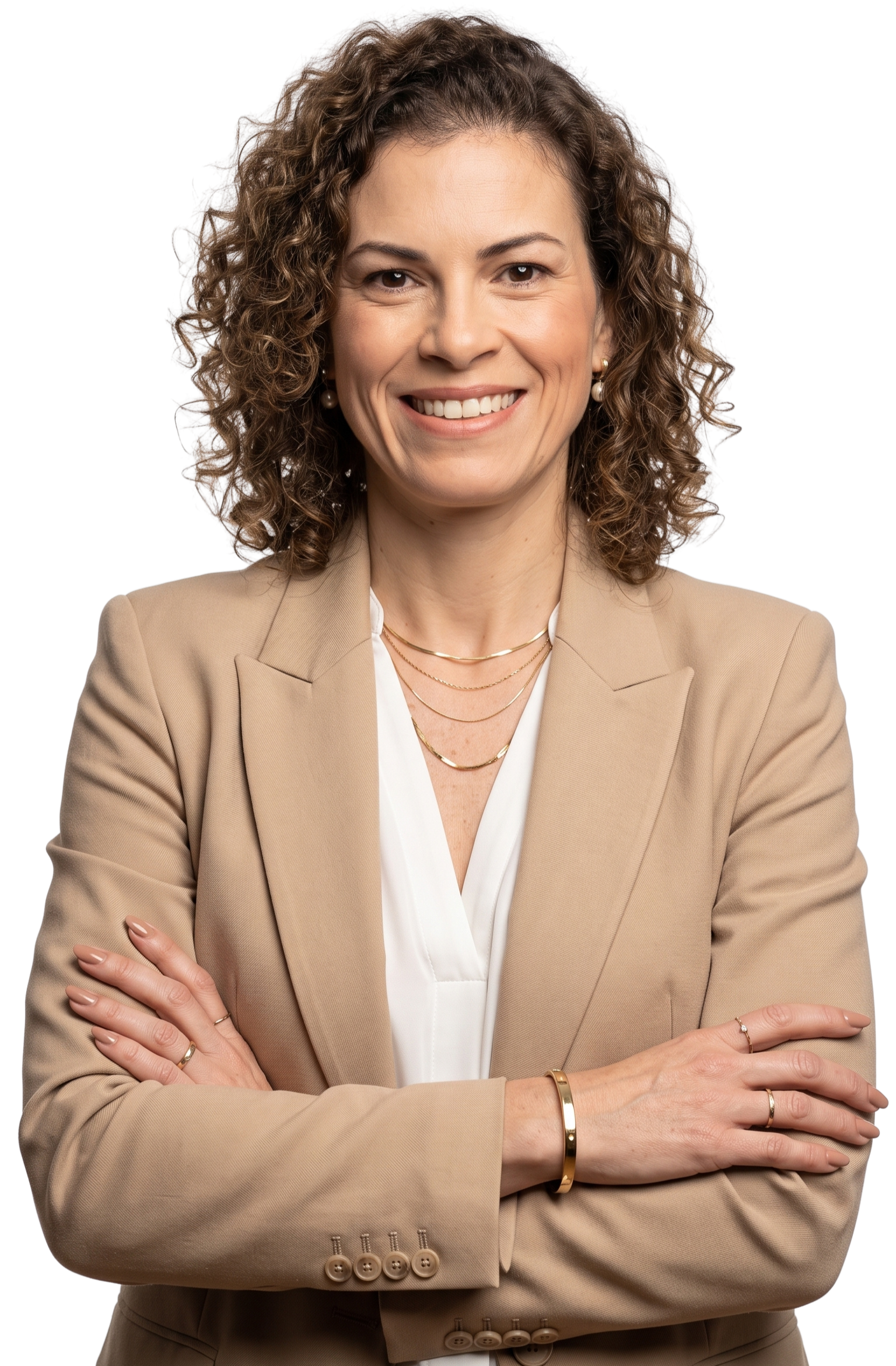 Dra. Juliana Breschigliari, psicóloga especialista em terapia EMDR e SSP, sorrindo de blazer bege